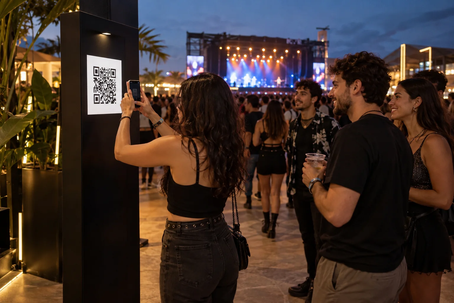Pessoas próximas a um totem em um festival apontam o celular para receber conteúdo exclusivo.