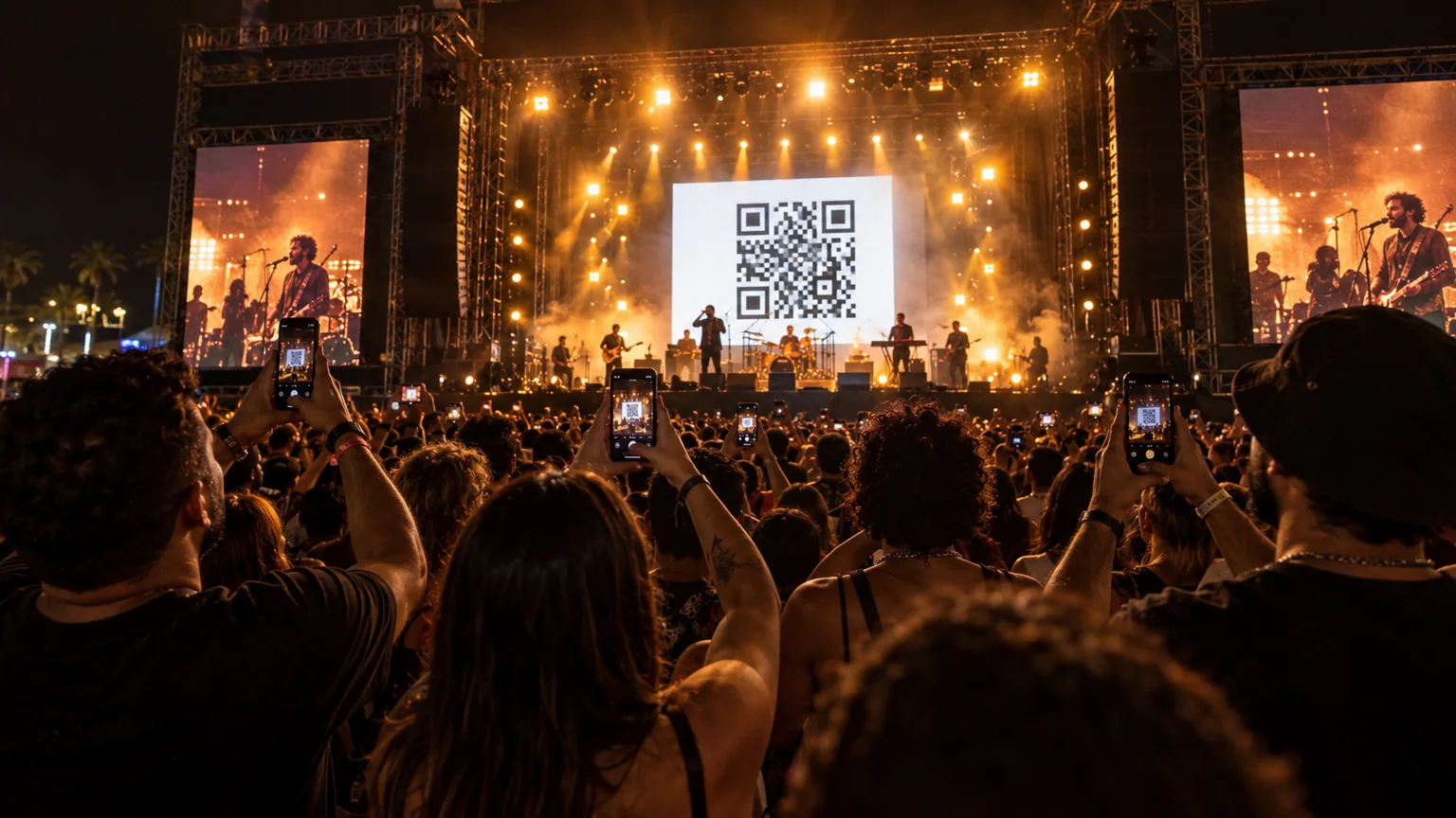 Público de um show aponta os celulares para um código exibido no grande telão do palco.