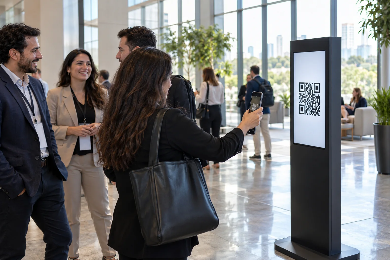 Participantes de uma conferência escaneiam um totem digital no saguão do evento.