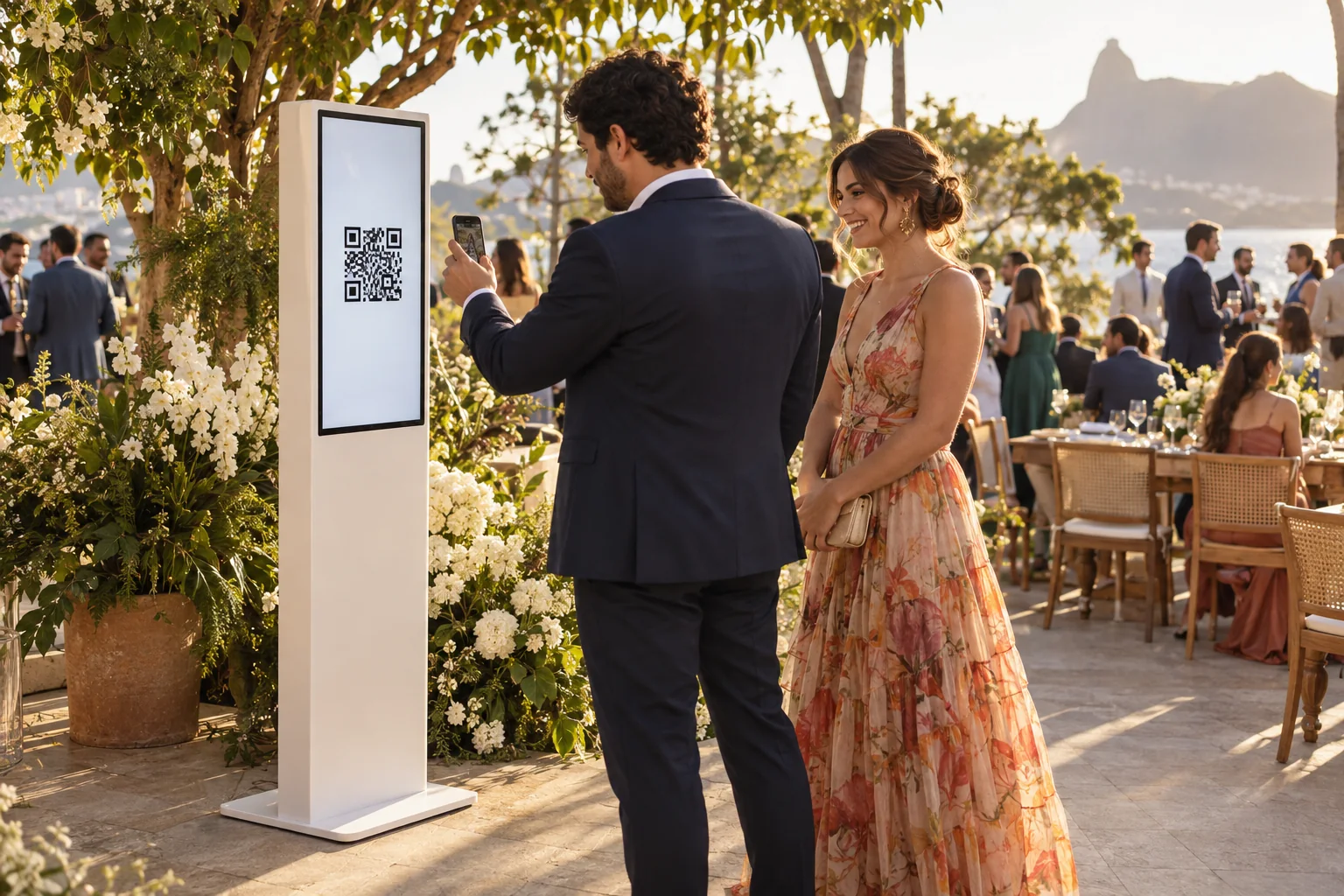 Convidados de um casamento recebem conteúdo apontando o celular para um totem na recepção.